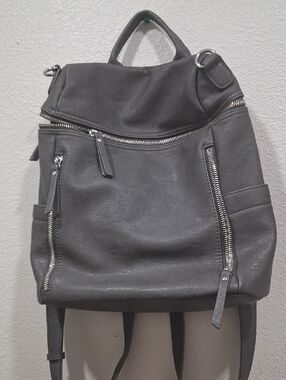 Modern Gray Leatherette Backpack with Zip Details